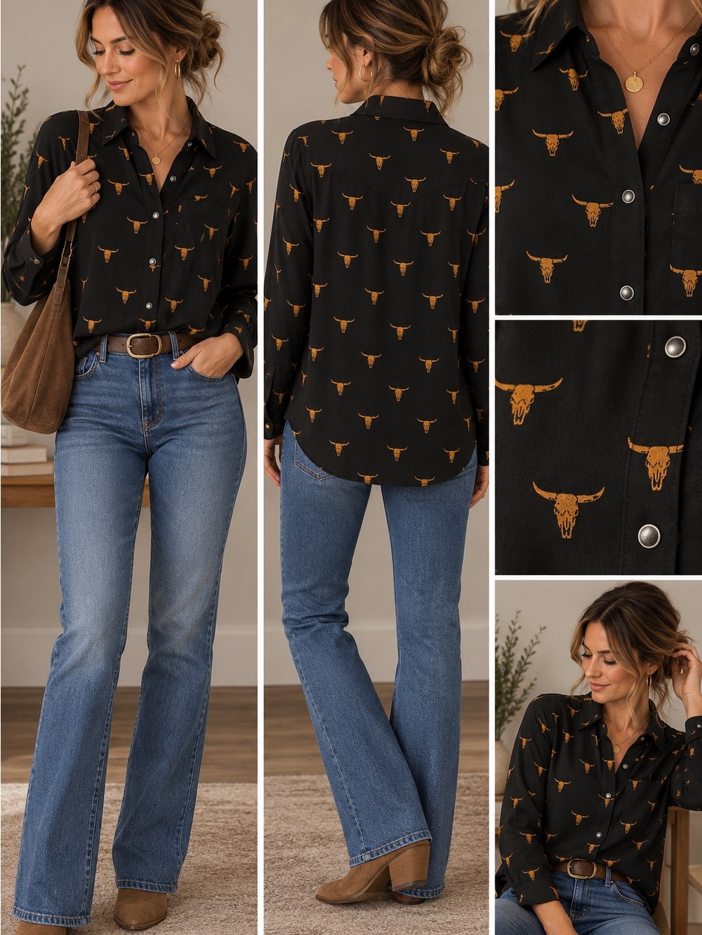 Women’s Stetson Black Long-Sleeve Button-Down Shirt with Rust Bull Skull Print